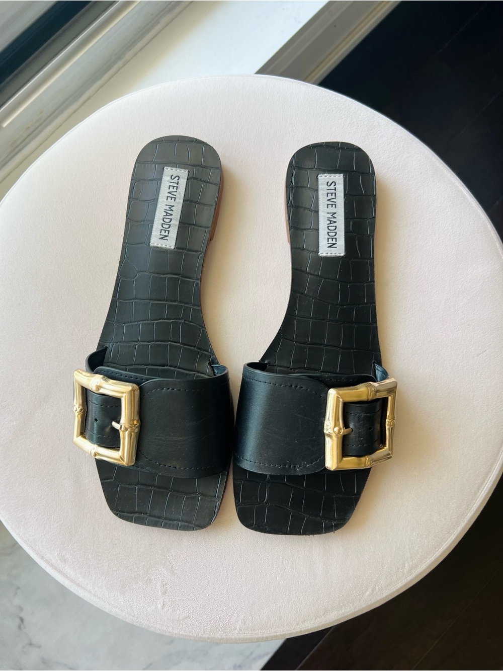 Steve Madden Black Slides with Gold Buckle Accent